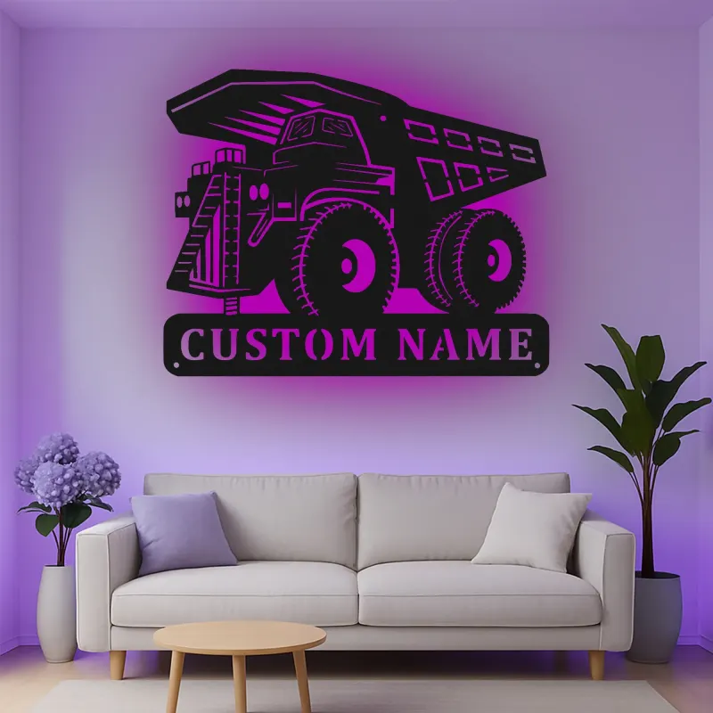 Insegna in metallo LED personalizzata a tema camion ribaltabile per appassionati di costruzione, decorazione per cameretta