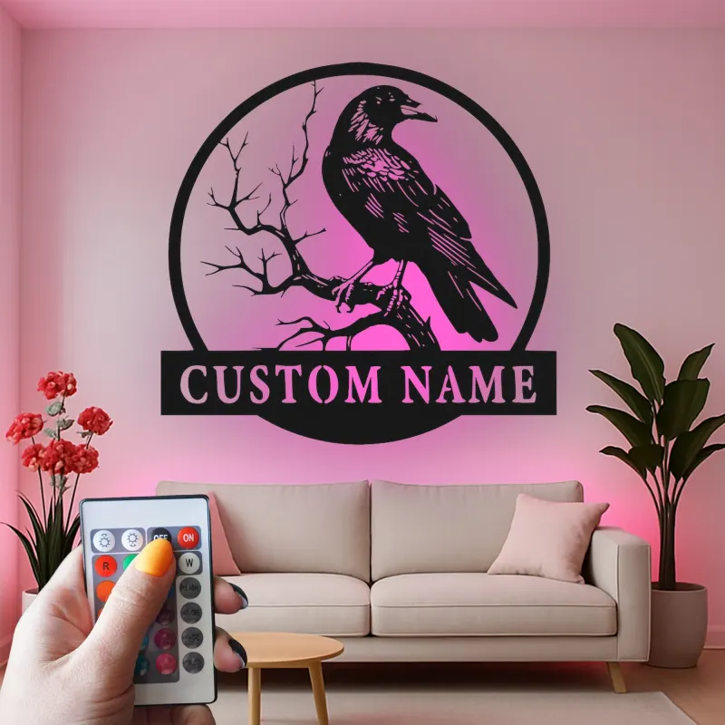 Insegna in metallo LED personalizzata con corvo - Regalo unico per amanti degli uccelli e decorazione per ufficio o soggiorno