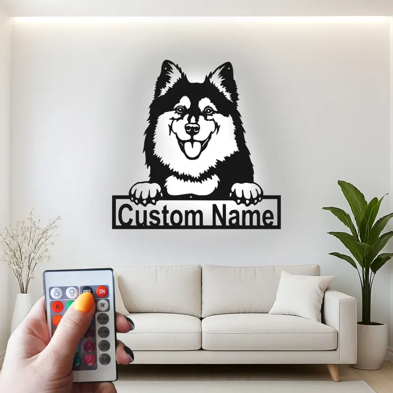 Décoration murale en métal personnalisée avec éclairage LED pour amoureux des chiens - Lapphund finlandais