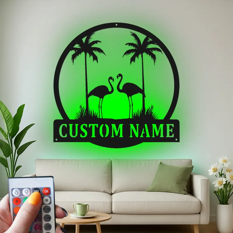 Insegna in metallo personalizzata con fenicottero | Arte murale LED con palma personalizzata | Decorazione per casa al mare e regalo per patio esterno