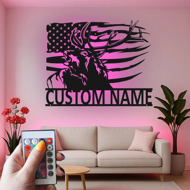 Custom Deer with American Flag Led Light Metal Wall Art Personalized Gift for Hunters Rustic Cabin Decor