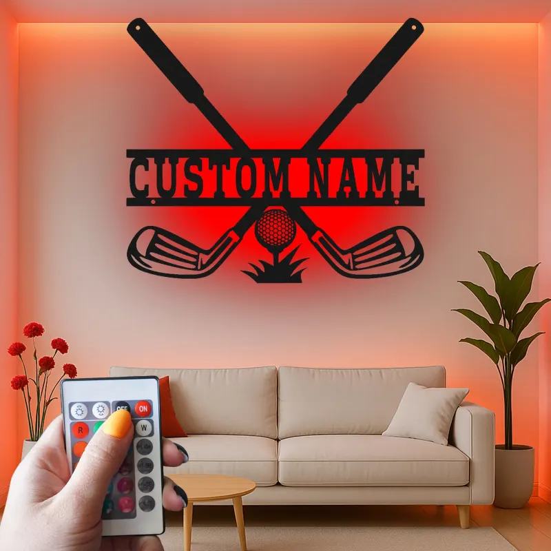 Enseigne de golf personnalisée avec LED | Décoration murale en métal sur mesure pour man cave | Plaque prénom golfeur | Déco club de golf