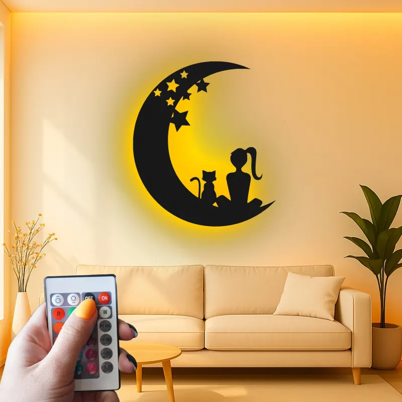 Art mural LED en métal Fille et chat | Panneau silhouette lune et étoiles | Déco rétroéclairée pour chambre bébé et chambre | Cadeau personnalisé pour amoureuse des chats