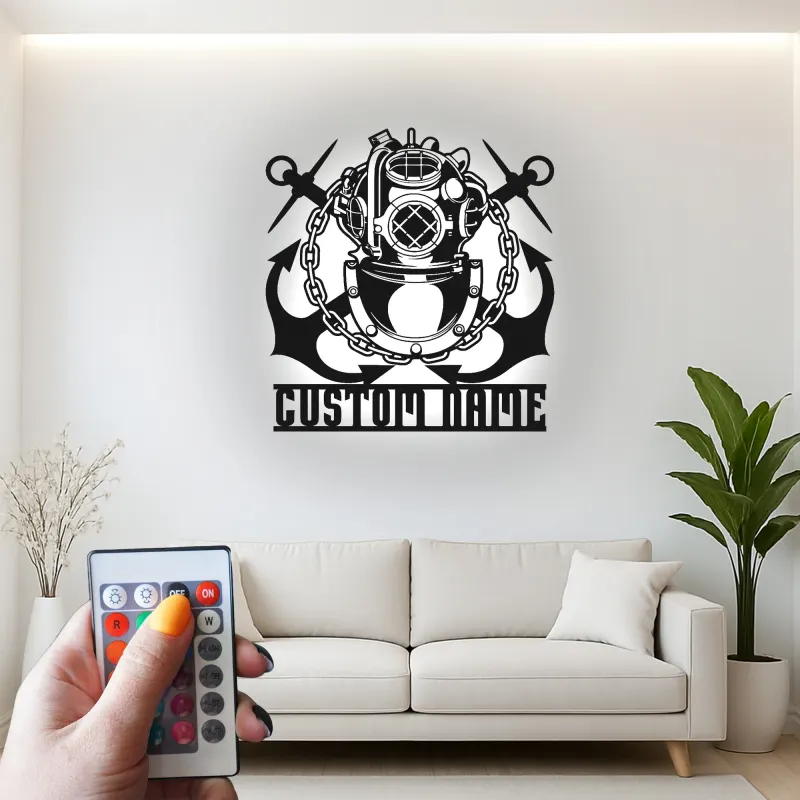 Cartel de metal personalizado con casco de buzo, regalo iluminado LED para amantes del mar