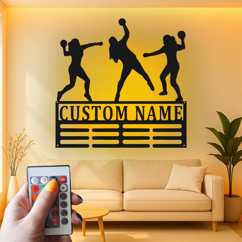 Insegna LED personalizzata con giocatrice di pallamano | Decorazione murale in metallo personalizzata | Regalo per squadra sportiva | Arredo palestra per atleta