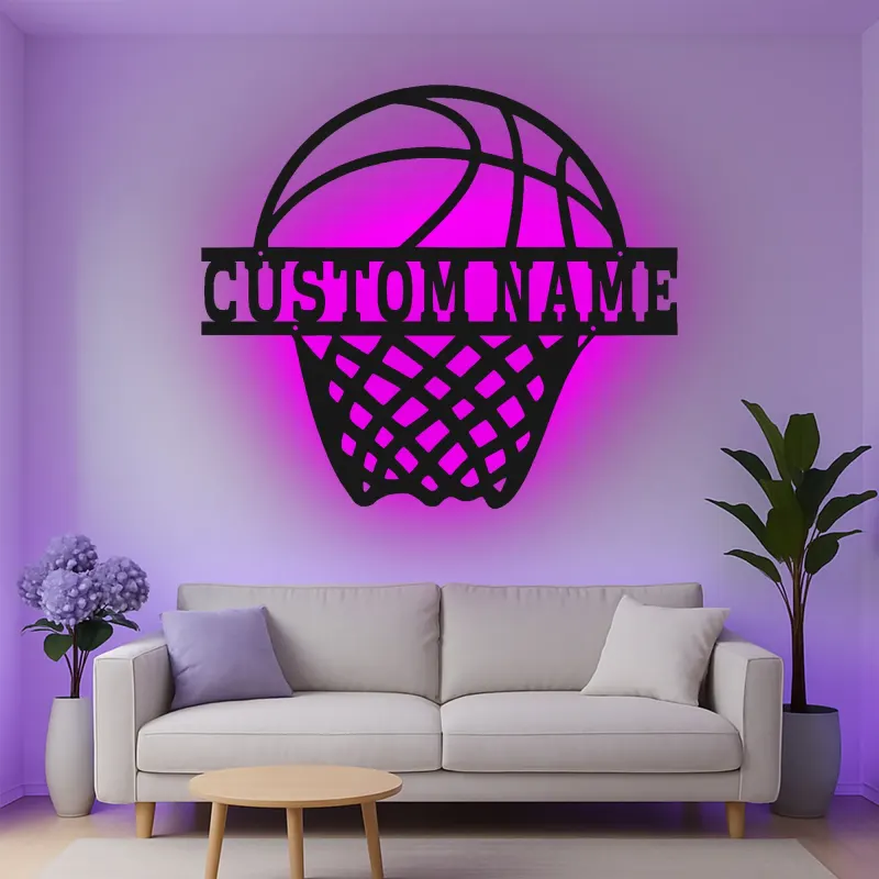 Cartel de metal personalizado de aro de baloncesto con luz LED, regalo deportivo personalizado para atletas, decoración para sala de juegos