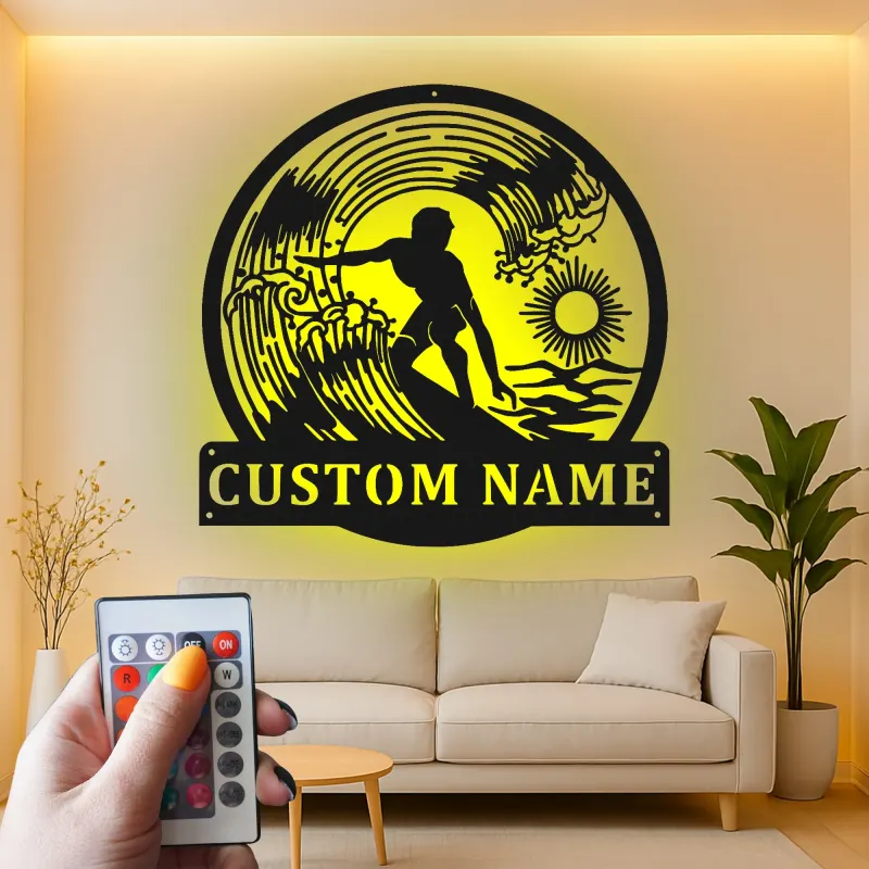 Personalized Surfer Light Metal Wall Art | Custom Name Sign for Beach House Decor | Coastal Surfing Gift