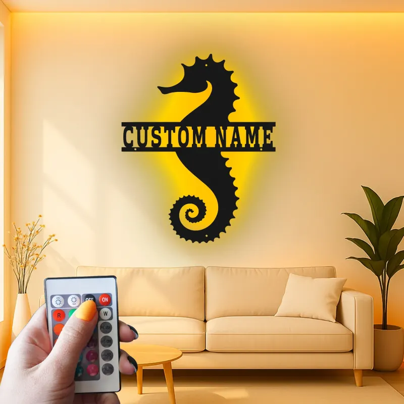 Panneau Métal LED Hippocampe Personnalisé | Décoration Murale Nautique Personnalisée | Décor Maison de Plage & Cadeau pour Amoureux de l'Océan