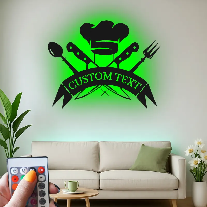 Décoration murale en métal personnalisée Chapeau de Chef et Ustensiles avec rétroéclairage LED