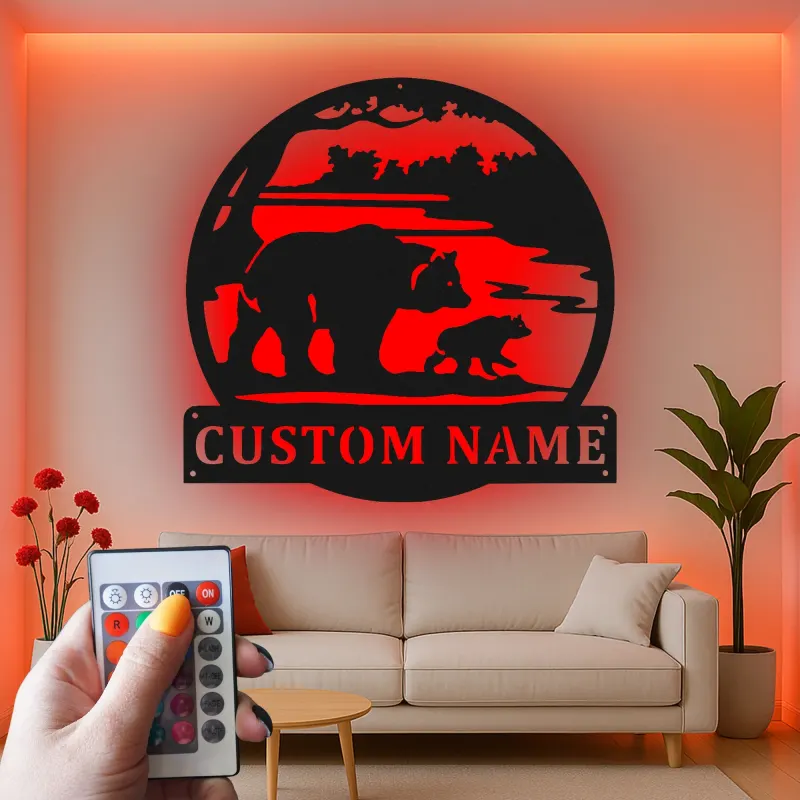 Cartel de metal LED Familia de Osos personalizado Regalo de naturaleza para familias Decoración de cabaña o sala