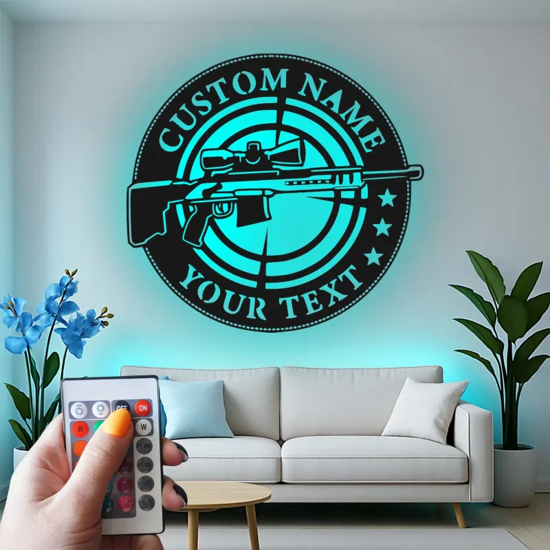 Sniper Rifle LED Metal Wall Art | Personalized Gun Sign for Man Cave | Custom Shooter Gift with RGB Lights