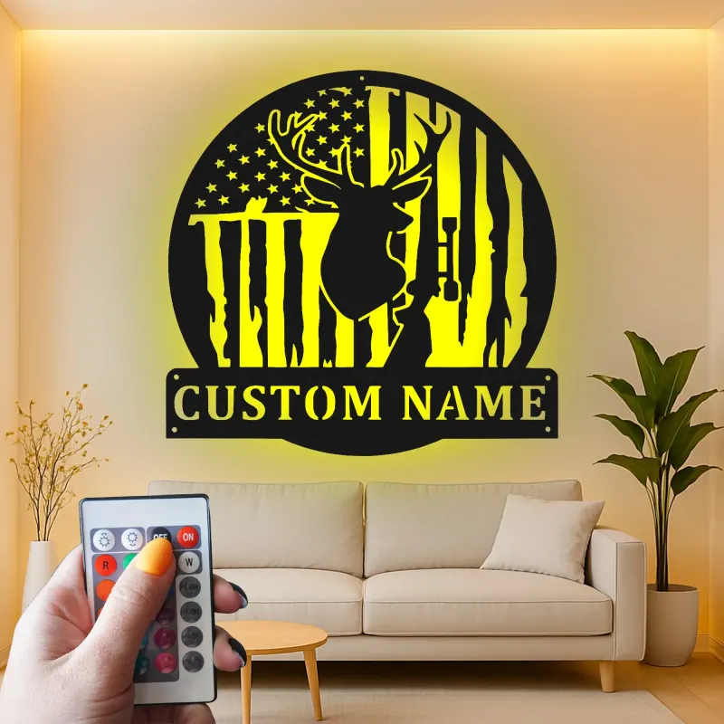 Custom Deer American Flag Led Light Metal Wall Art Hunting Gift for Him Rustic Cabin Decor