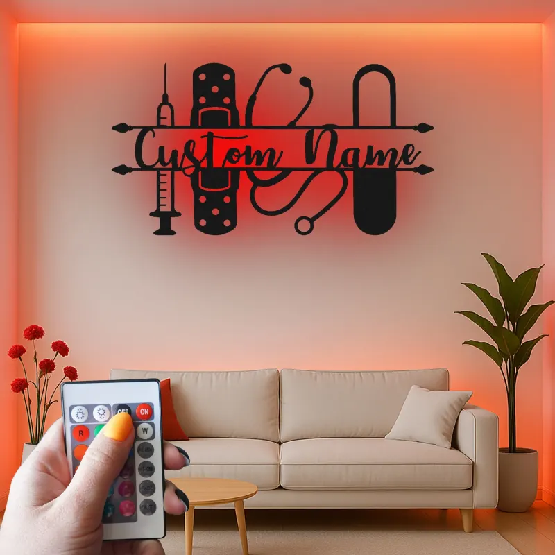 Personalized Nurse Name Sign with LED | Custom Medical Tools Metal Art | Clinic & Office Wall Decor | RN Graduation Gift