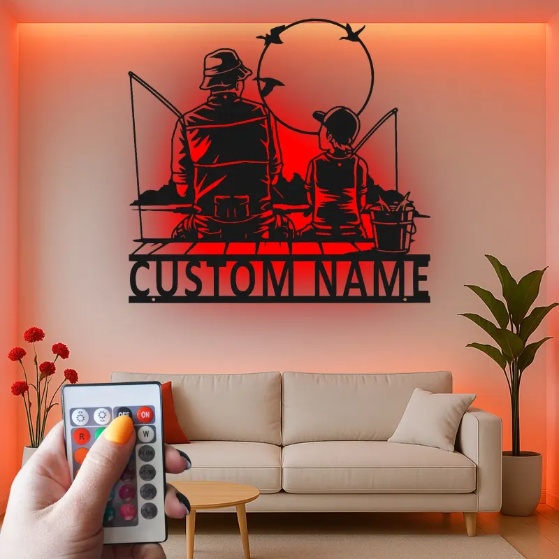 Custom Fishing LED Metal Wall Art | Personalized Father & Son Decor | Lake House & Cabin Gift