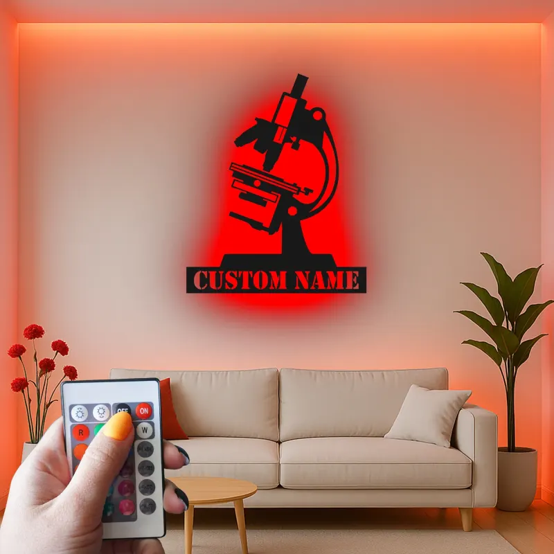 Arte mural LED de microscopio | Cartel de metal personalizado para decoración de laboratorio | Regalo científico personalizado para biólogos o clínicas