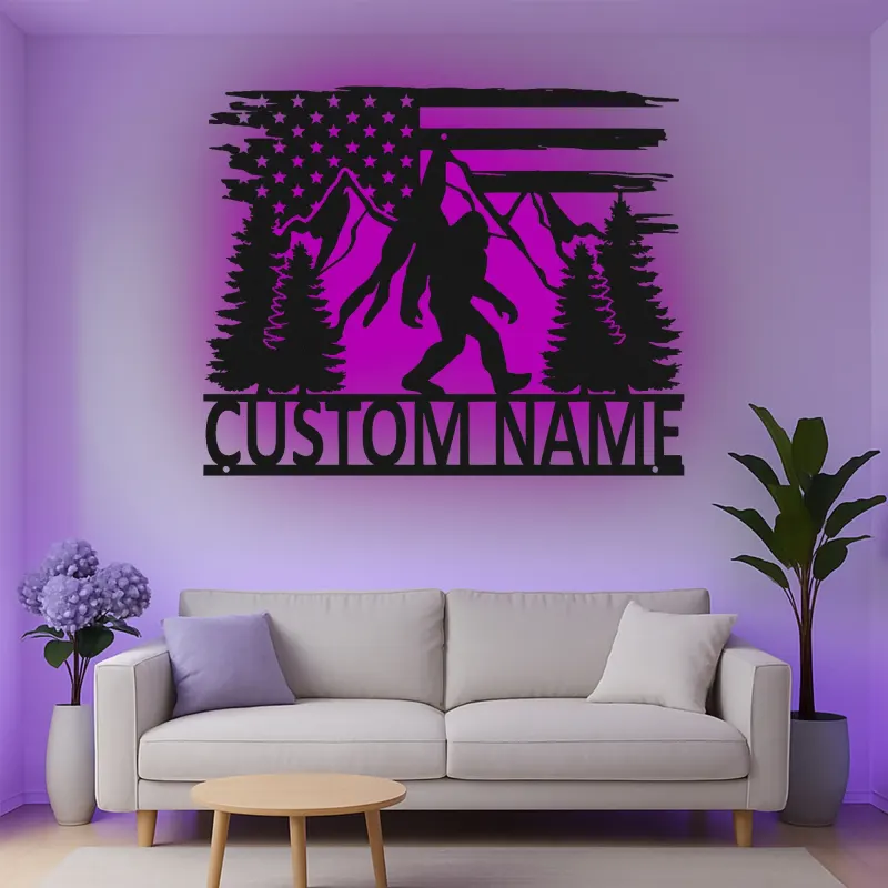 Décoration murale en métal personnalisée Bigfoot avec rétroéclairage LED - Cadeau unique pour les passionnés de plein air - Décor de cabane rustique