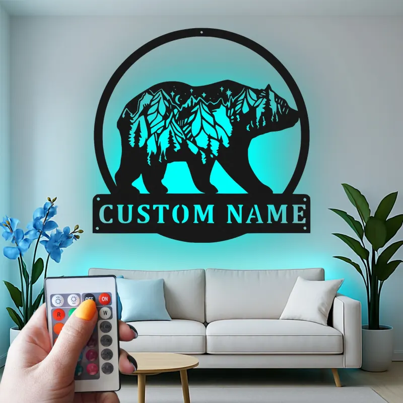 Custom Bear and Mountain Scene Led Light Metal Wall Art Personalized Nature Lover Gift Cabin Decor