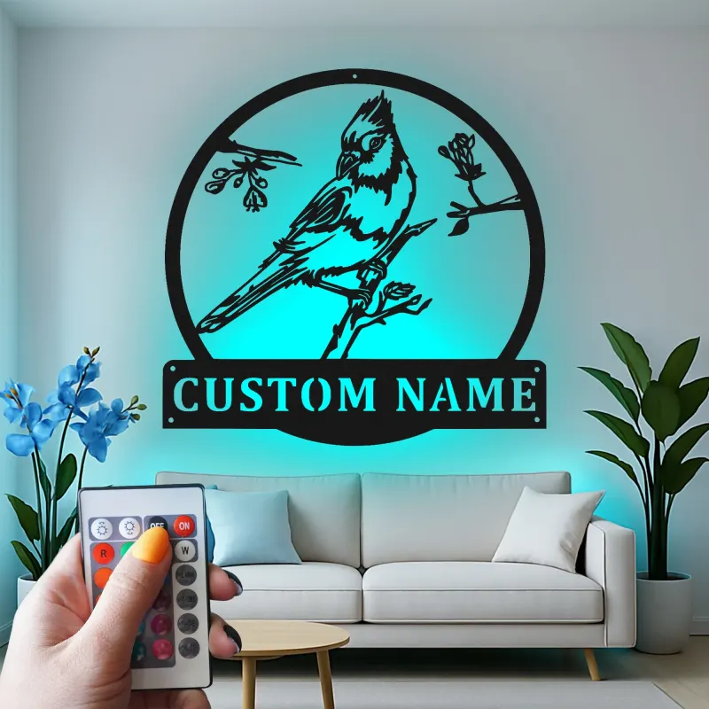 Custom Bird on Branch Led Light Metal Wall Art Personalized Nature Lover Gift Living Room or Garden Decor 1