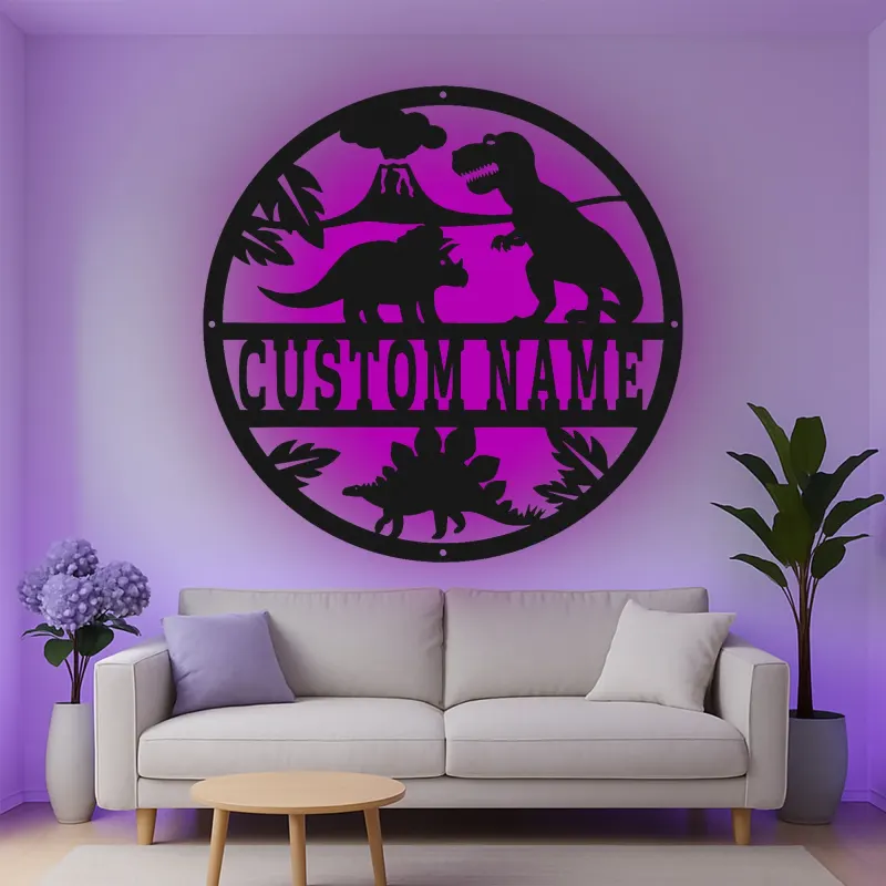 Insegna in metallo LED personalizzata con dinosauro per decorare la stanza dei bambini, regalo per la nursery per amanti dei dinosauri