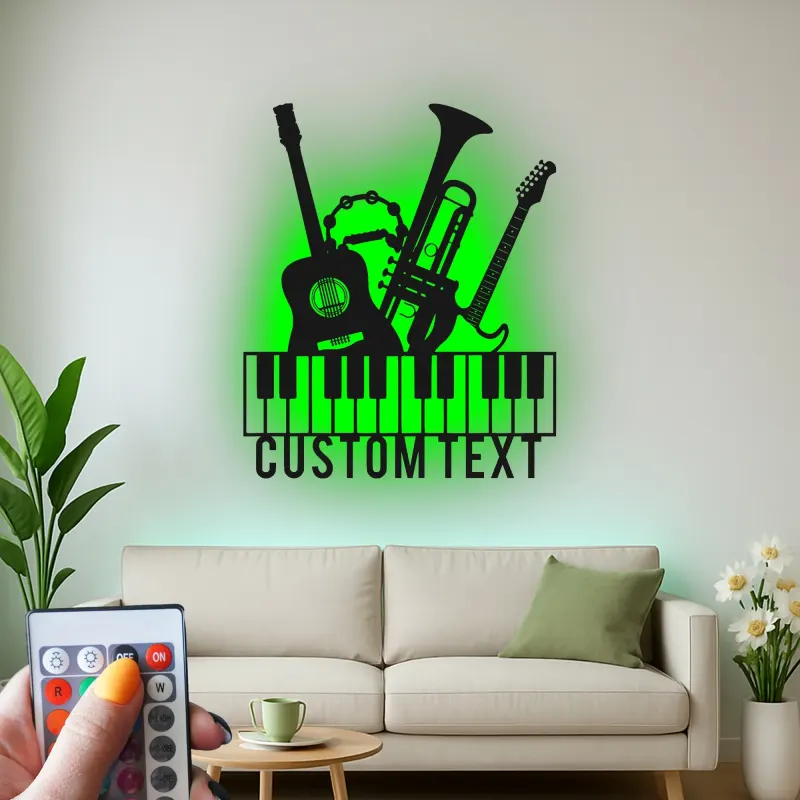 Insegna per Studio Musicale Personalizzata | Arte in Metallo LED per Musicisti | Decorazione Silhouette Strumenti Personalizzati | Regalo per Chitarra, Pianoforte, Tromba