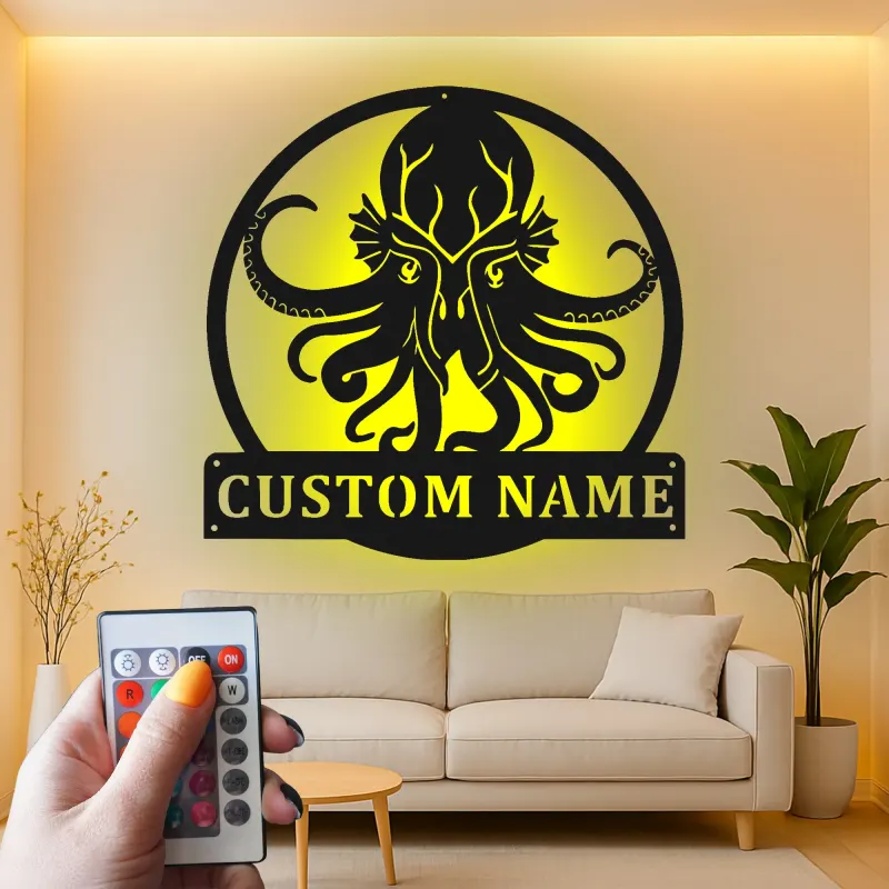 Arte in metallo LED personalizzata Kraken | Insegna personalizzata con polpo | Decorazione nautica per bar di casa e amanti del mare