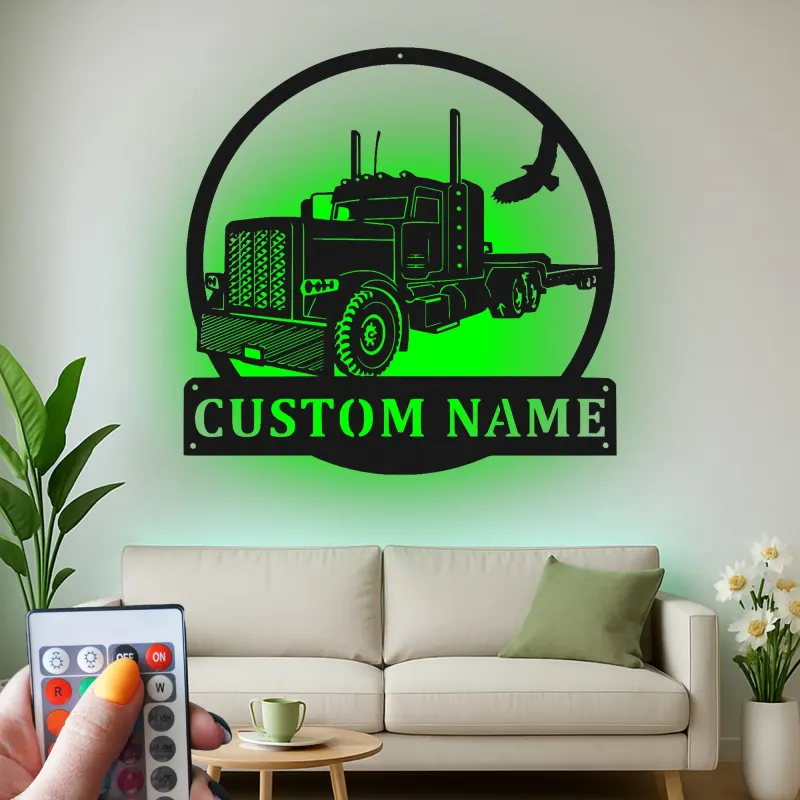 Custom Semi Truck LED Metal Sign | Personalized Trucker Name Art | Big Rig Decor for Man Cave | Gift for Driver