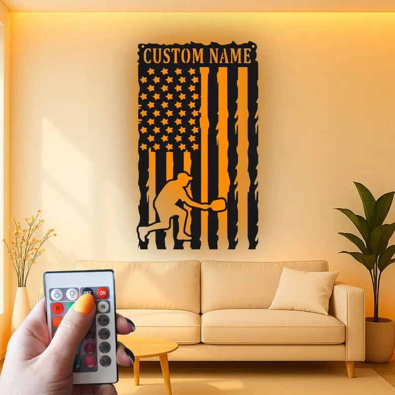 Pickleball Player Metal Wall Art | Custom Name American Flag LED Sign | Patriotic Sports Decor for Home or Gym | Hand-Crafted Steel
