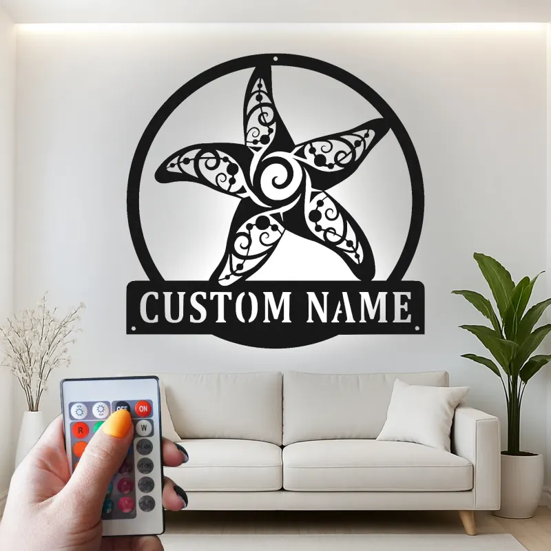 Personalized Starfish LED Metal Sign | Ornate Coastal Wall Art | Custom Nautical Decor for Beach House & Salon
