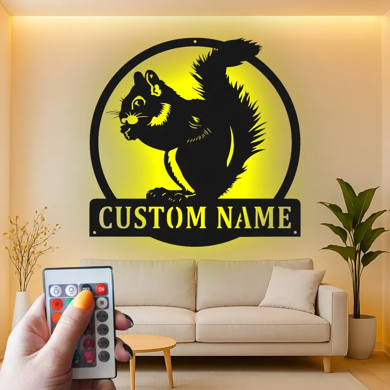 Cartel de metal personalizado de ardilla | Arte de vida silvestre iluminado con LED | Decoración de cabaña personalizada para amantes de la naturaleza