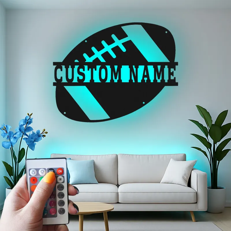 Cartel LED de Fútbol Personalizado | Arte Mural de Metal con Nombre del Jugador Personalizado | Decoración para Sala de Juegos | Regalo para Fanático del Deporte