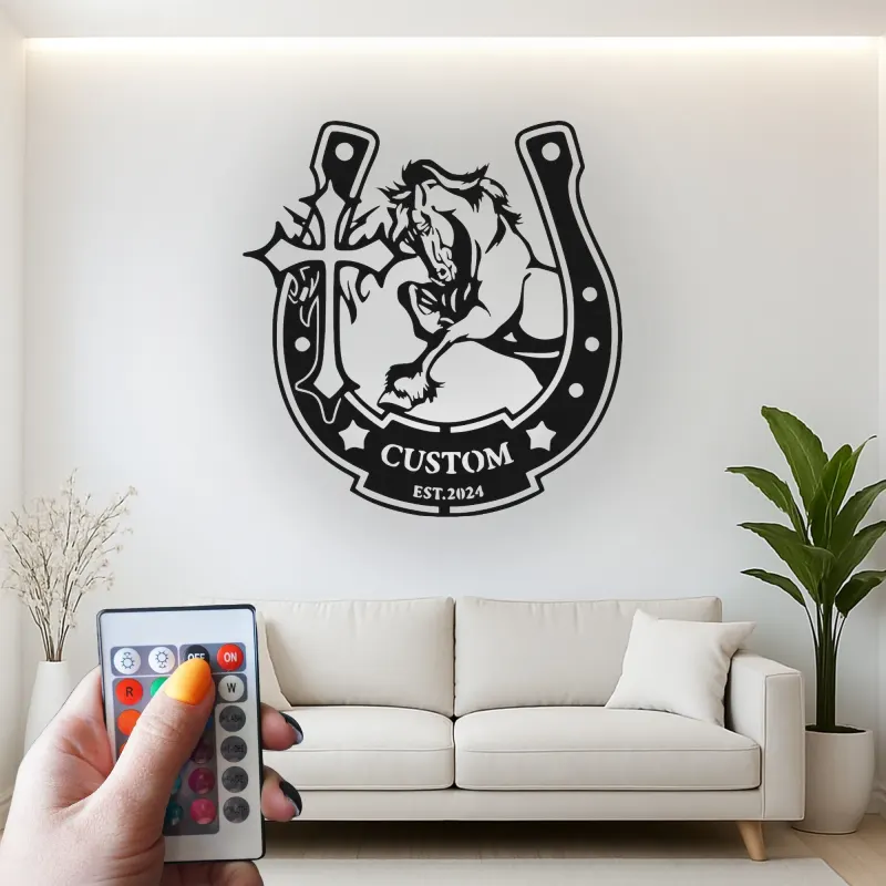 Custom Horse LED Metal Sign | Personalized Horseshoe Cross Wall Art | Equestrian Ranch Decor for Horse Lovers