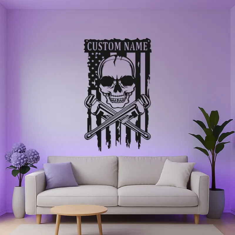 Panneau LED Crâne de Plombier | Décoration Murale Patriotique Personnalisée avec Drapeau USA | Décor de Garage avec Nom Personnalisé pour Hommes