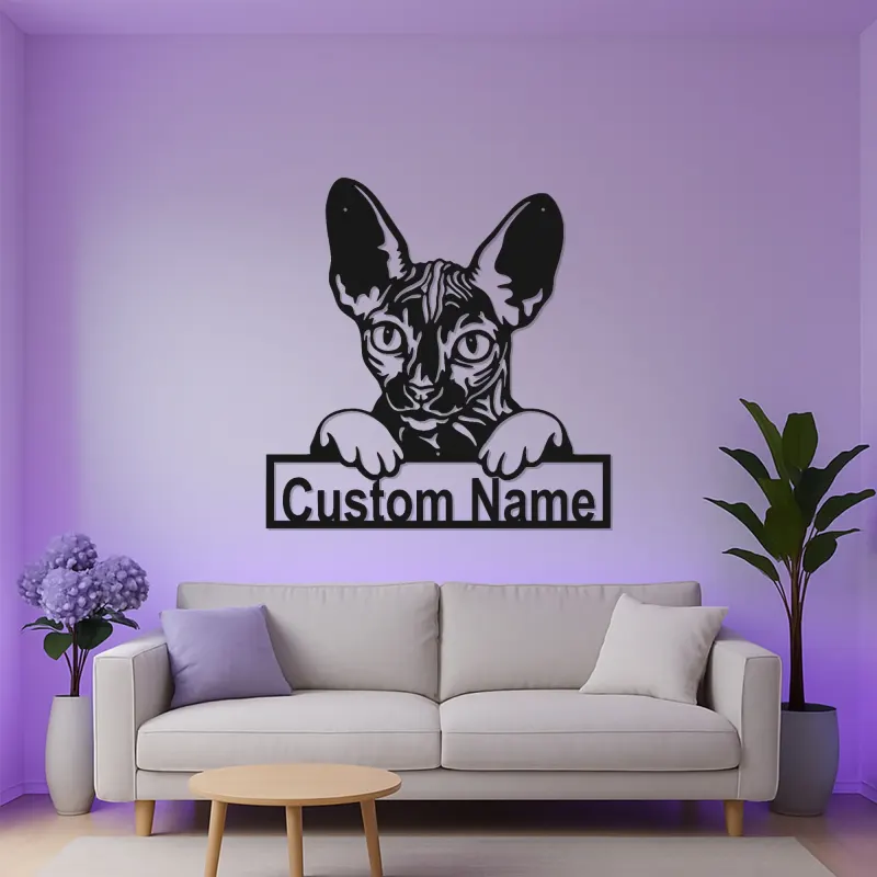 Insegna Personalizzata per Gatto Sphynx | Arte in Metallo LED da Parete Personalizzata | Regalo per Amanti dei Gatti Senza Pelo | Decorazione Moderna per Casa e Clinica Veterinaria
