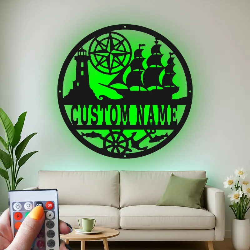 Personalisierte Nautische LED-Wandkunst | Individuelles Schiffs- und Kompass-Metallschild | Vintage Küstendekor für Zuhause oder Büro