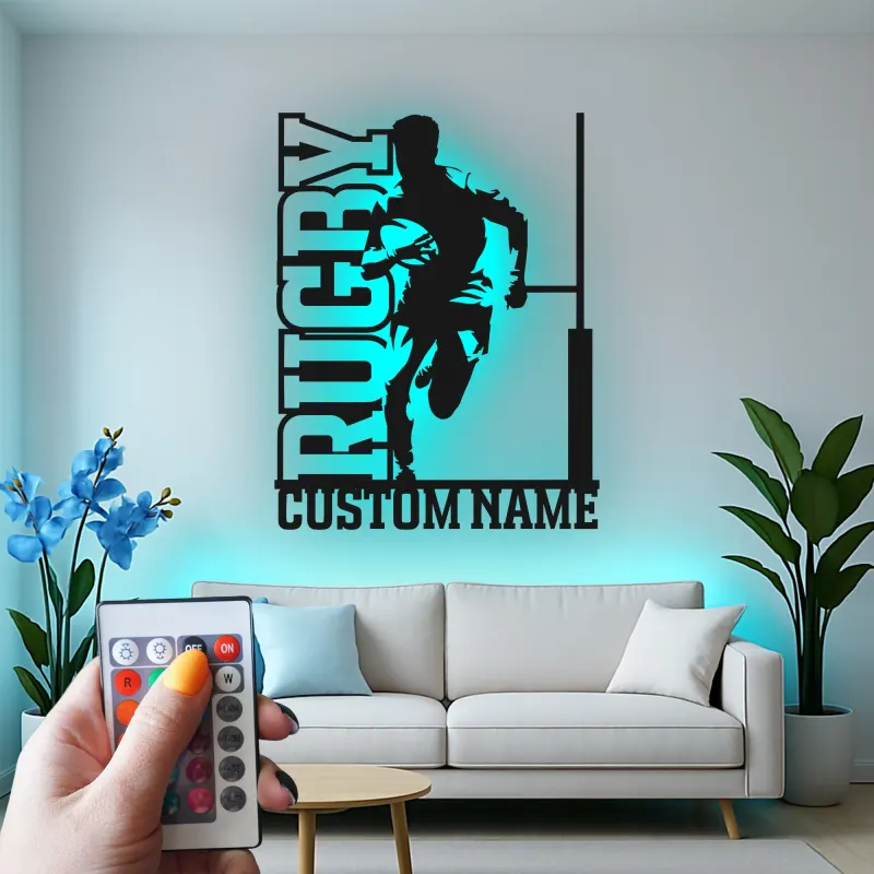 Custom Rugby Player LED Metal Sign | Personalized Athlete Name Light | Sports Game Room Decor | Gift for Coach or Rugby Fan
