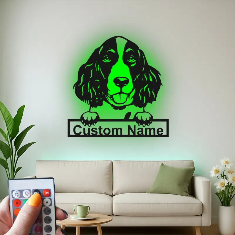 Cartel de metal LED de Springer Spaniel personalizado, regalo para amantes de perros, decoración de sala de estar
