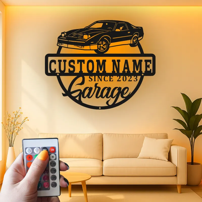 Cartel de metal LED personalizado para garaje con coche, regalo personalizado para entusiastas de coches, decoración mural de garaje 2