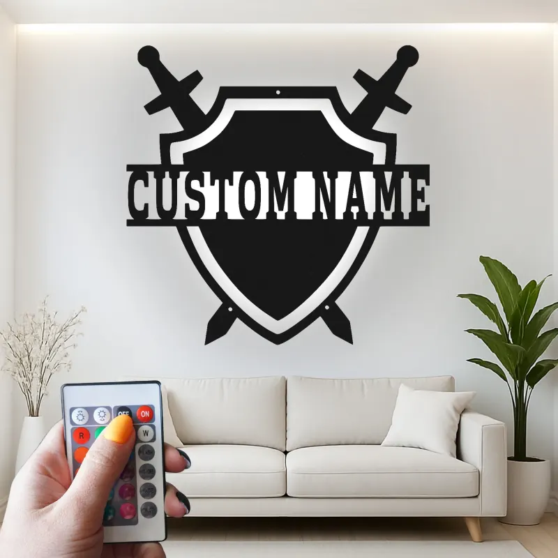 Insegna Scudo Medievale Personalizzata | Arte in Metallo LED Personalizzata | Decorazione per Cavalieri per Sala Giochi e Regalo per Appassionati di Fantasia
