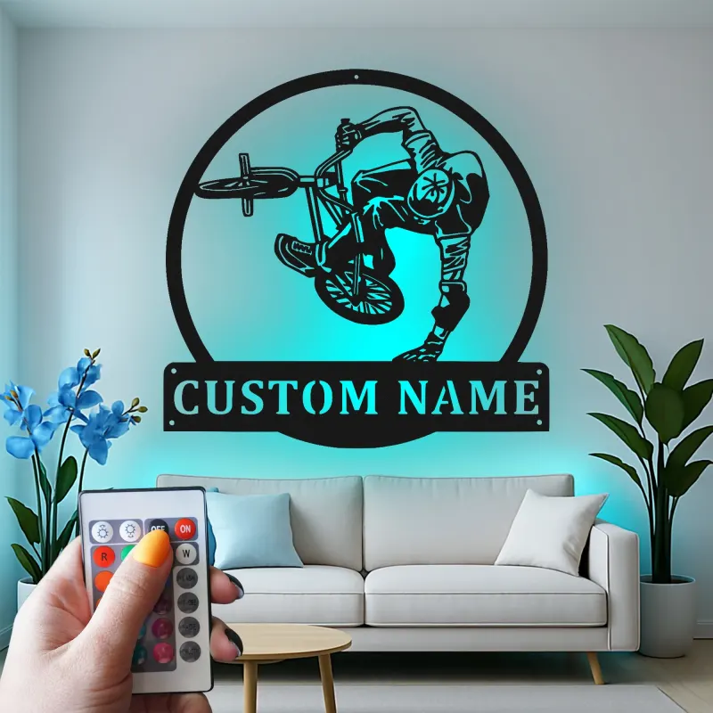 Personalisiertes BMX Radfahrer LED-beleuchtetes Metallschild Geschenk für BMX-Enthusiasten Teenager Schlafzimmer oder Spielzimmer Dekor