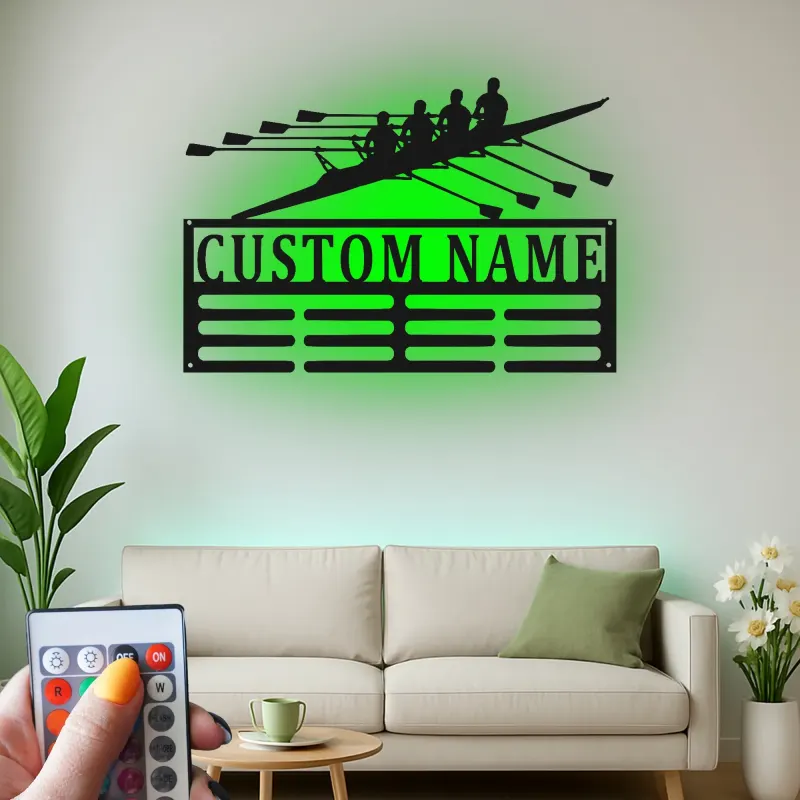 Personalisierte Ruder-Team-Schild | Individuelle Ruder-LED-Metall-Wandkunst | Geschenk für Trainer | Bootshaus- & Fitnessstudio-Dekor