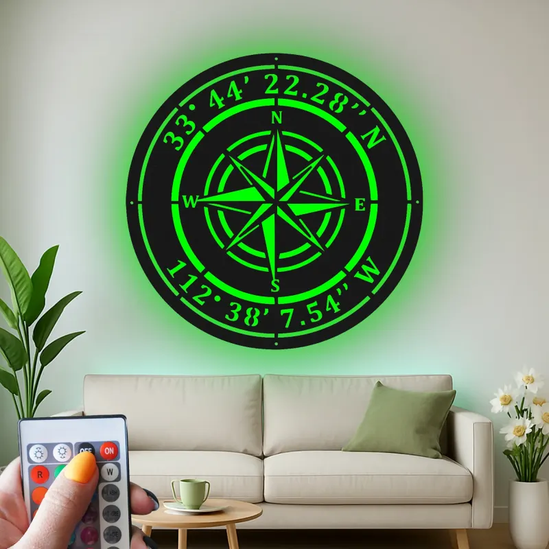 Cartel de metal LED personalizado de rosa de los vientos Regalo náutico para viajeros Decoración de sala de estar u oficina