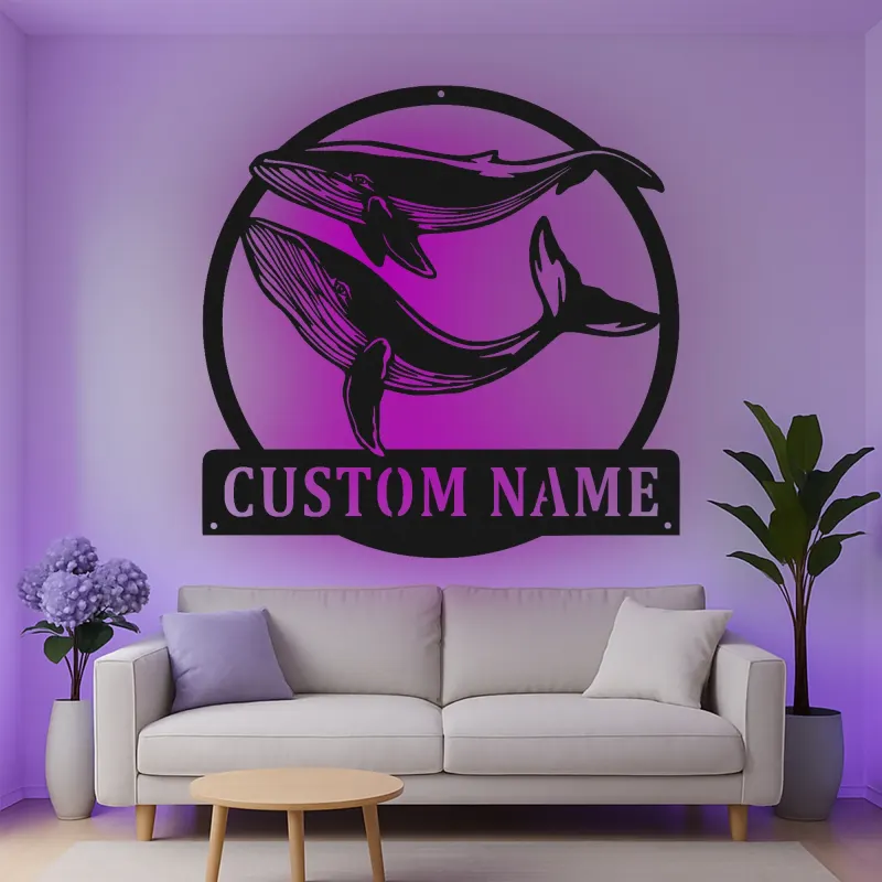 Custom Whale Pair Led Light Metal Wall Art Ocean Lover Gift Nautical Decor for Living Room