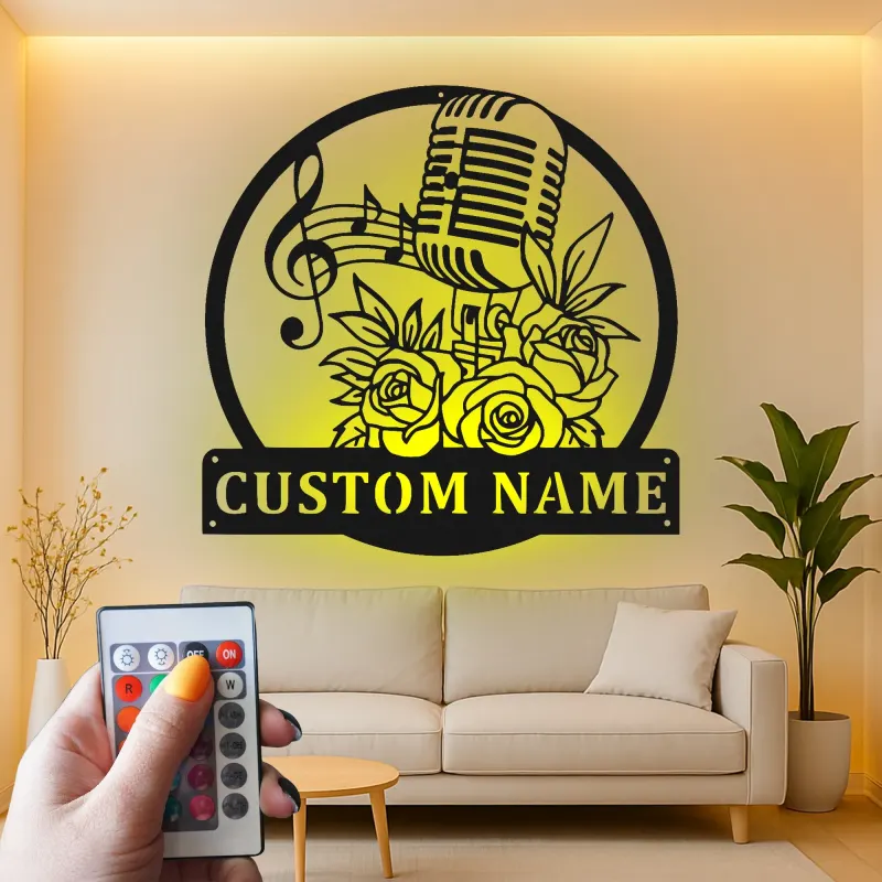 Panneau Métallique Microphone Personnalisé | Décoration Murale Art Déco Rétro | Cadeau Musicien Personnalisé | Décor de Studio de Musique Rétro