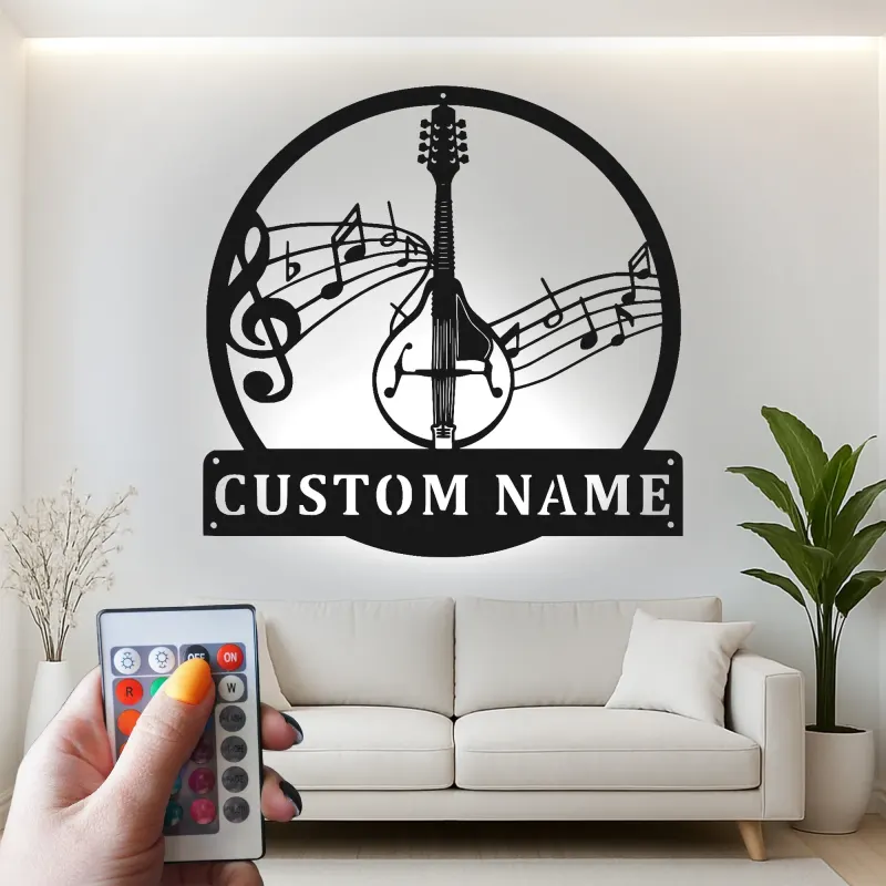Décoration murale en métal personnalisée pour mandoline | Panneau de nom de musicien sur mesure | Décor de salle de musique LED pour studio