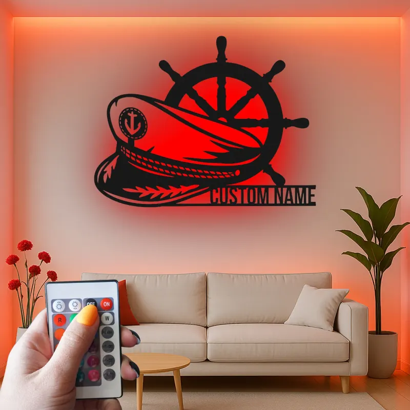Décoration murale en métal personnalisée Roue du Capitaine avec rétroéclairage pour les amoureux de la mer