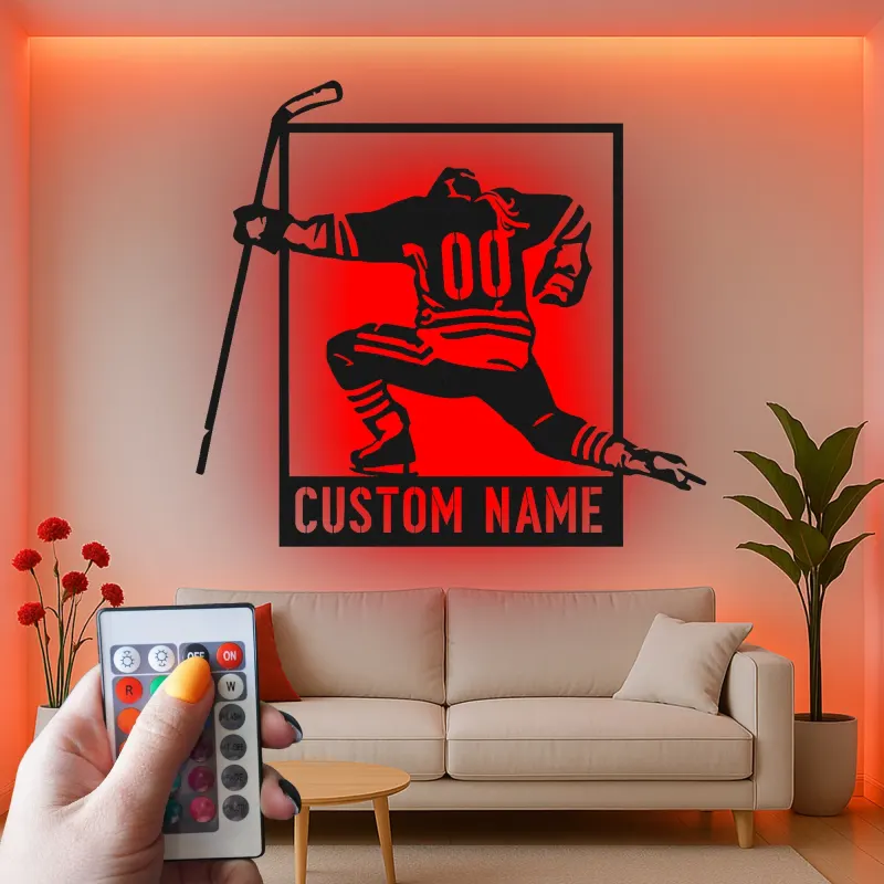 Arte metálico personalizado de jugador de hockey | Cartel LED con nombre a medida para sala de juegos | Regalo para deportista | Decoración para cueva masculina