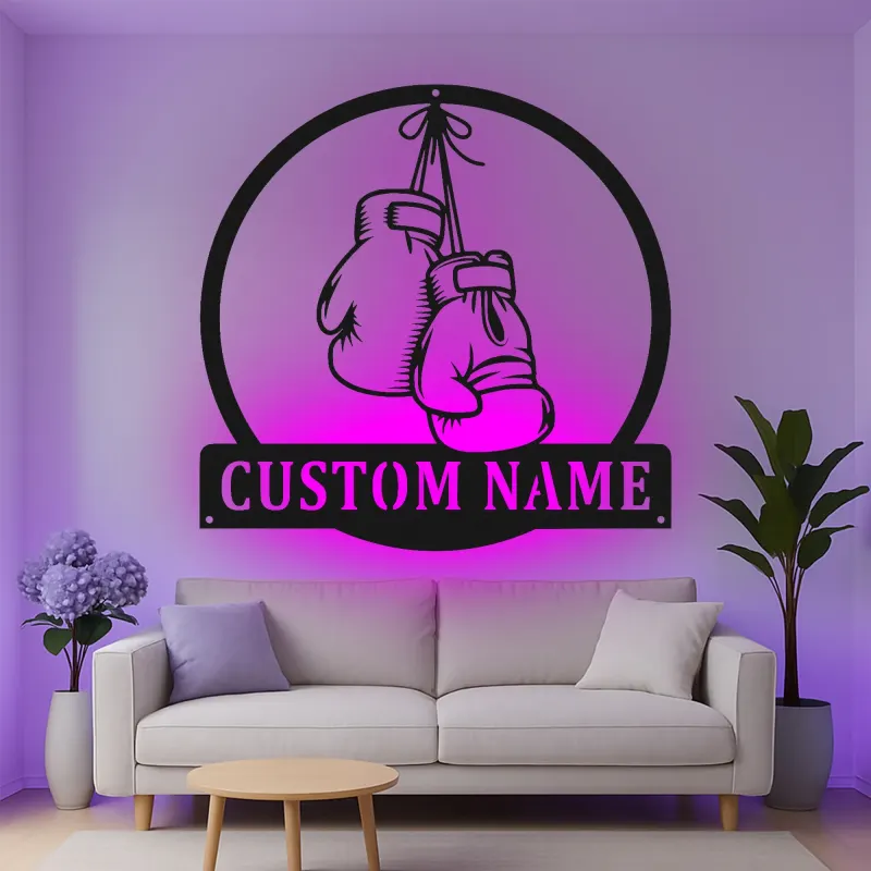 Personalisierte LED-beleuchtete Metall-Wandkunst mit Boxhandschuhen – Geschenk für Boxer, Fitnessstudio oder Wohnkultur