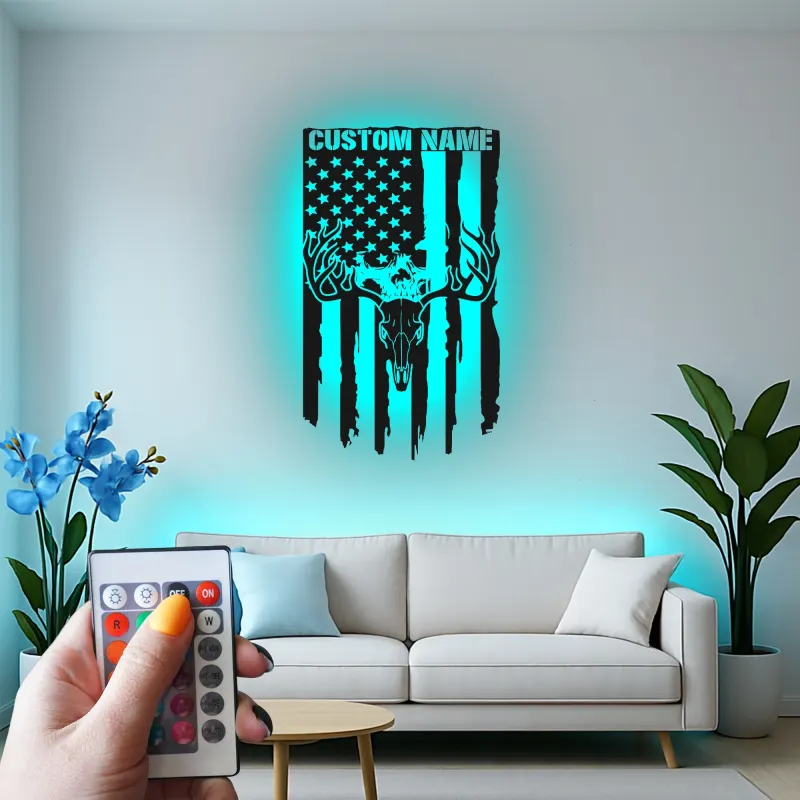 Cartel de metal personalizado con calavera de ciervo y bandera americana, regalo único para cazadores, decoración rústica para cabañas o man cave
