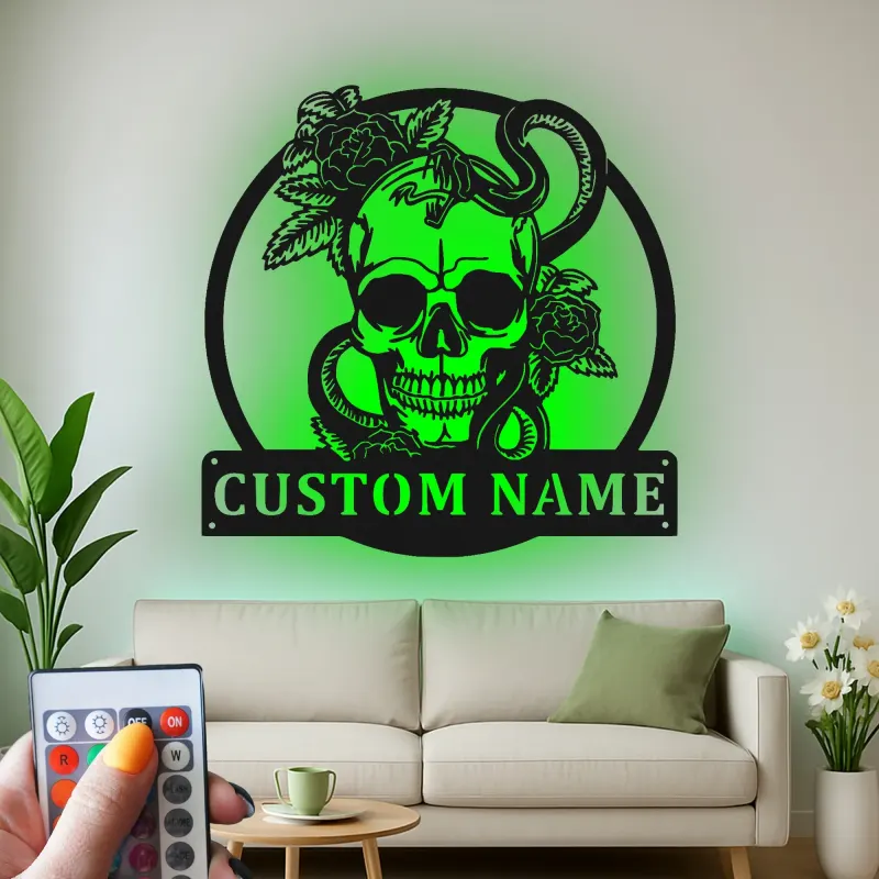 Insegna LED in metallo con teschio gotico | Arte da parete personalizzata con serpente e rose | Arredo su misura per studio tattoo e man cave