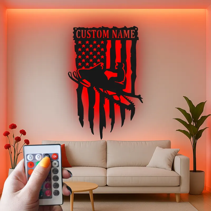 Cartel de metal personalizado de moto de nieve | Arte mural LED de bandera americana | Decoración de cueva de hombre personalizada y regalo patriótico para motorista